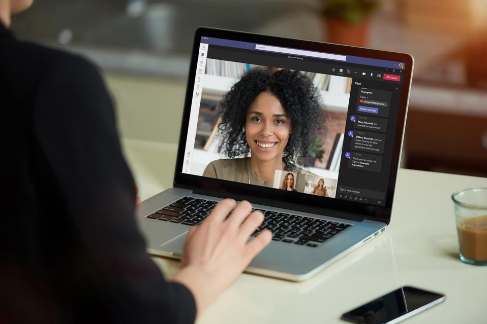 Three women using computers to virtually connect with video calls.