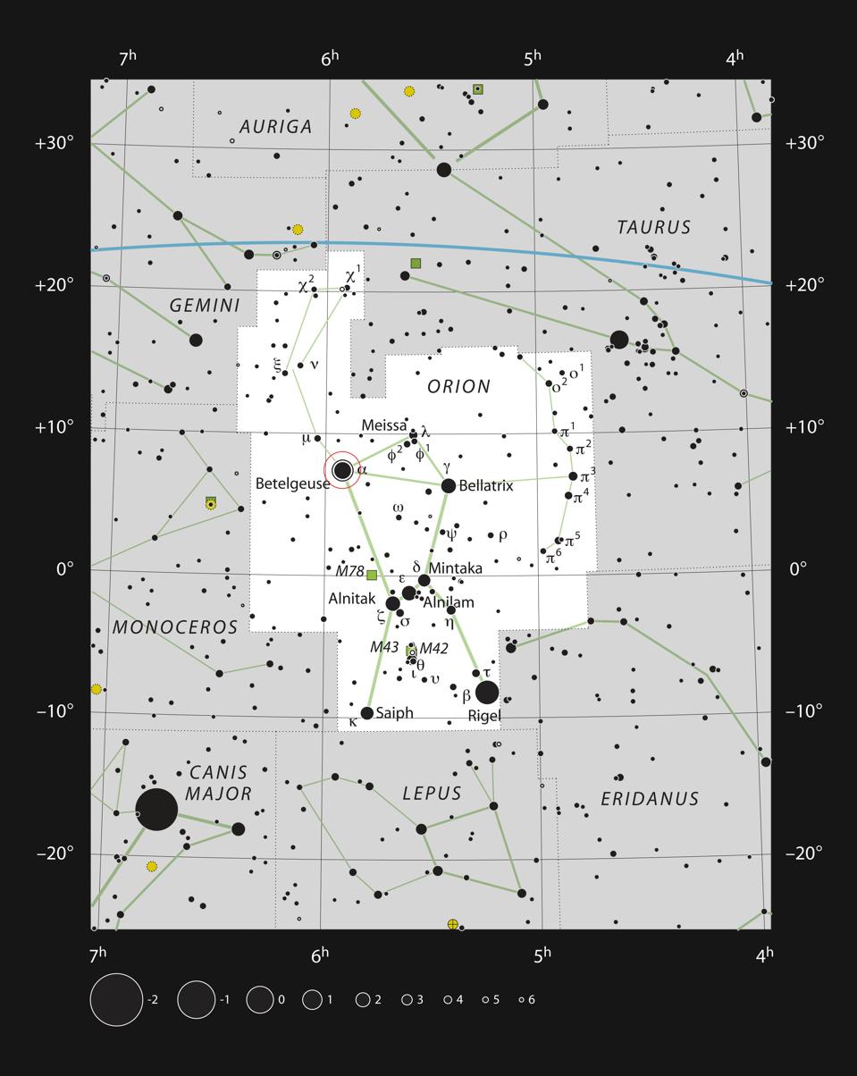 This chart shows the location of the very bright red supergiant star Betelgeuse (Alpha Orionis) in the famous constellation of Orion (The Hunter). This map shows most of the stars visible to the unaided eye under good conditions and the star itself is marked with a red circle. Although the star itself is clearly visible to the unaided eye, the nebula around it cannot be seen visually with any telescope.