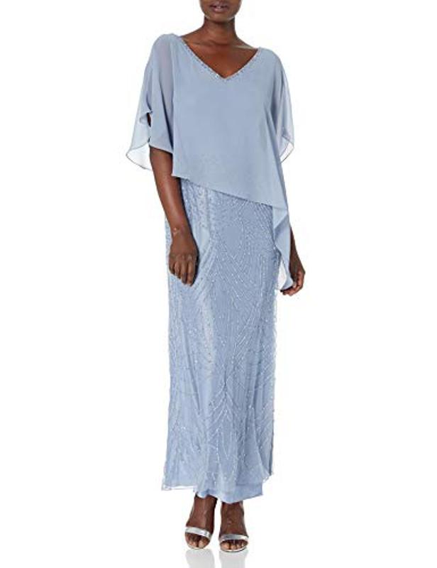30 Early Prime Day Deals On Women’s Fashion -J Kara Women's Petite Pop Over Dress with Beaded Bottom, Dusty Blue/Silver