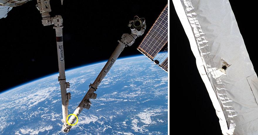 This photo shows the damage to the International Space Station's robotic arm by space debris.
