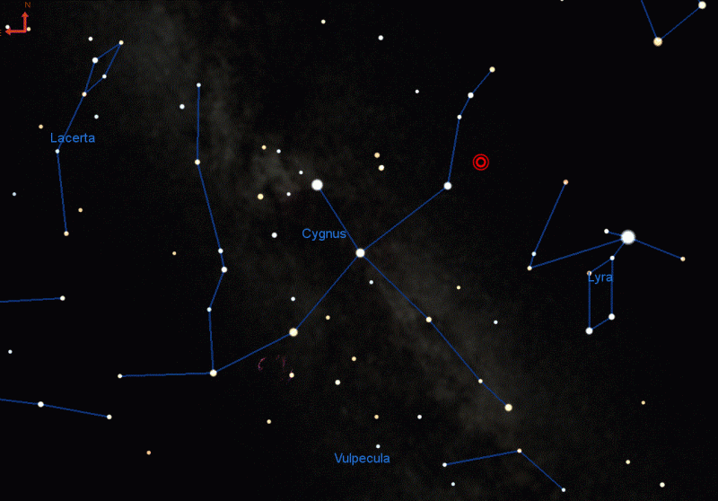 La posizione del debole sistema stellare binario KIC 9832227 nella costellazione del Cigno.