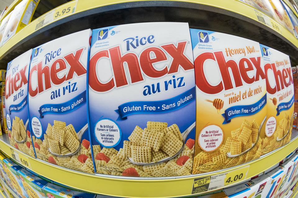 General Mills rice cereal: CHEX brand in store shelf.