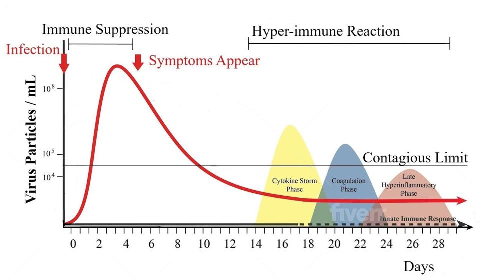 Virus particles per milliliter in nasal secretions over time.