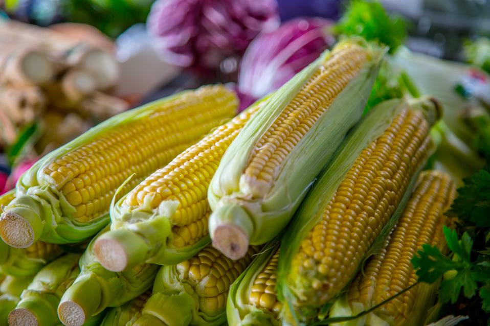 Sweet corn on the farm market in the city. Fruits and vegetables at a farmers market