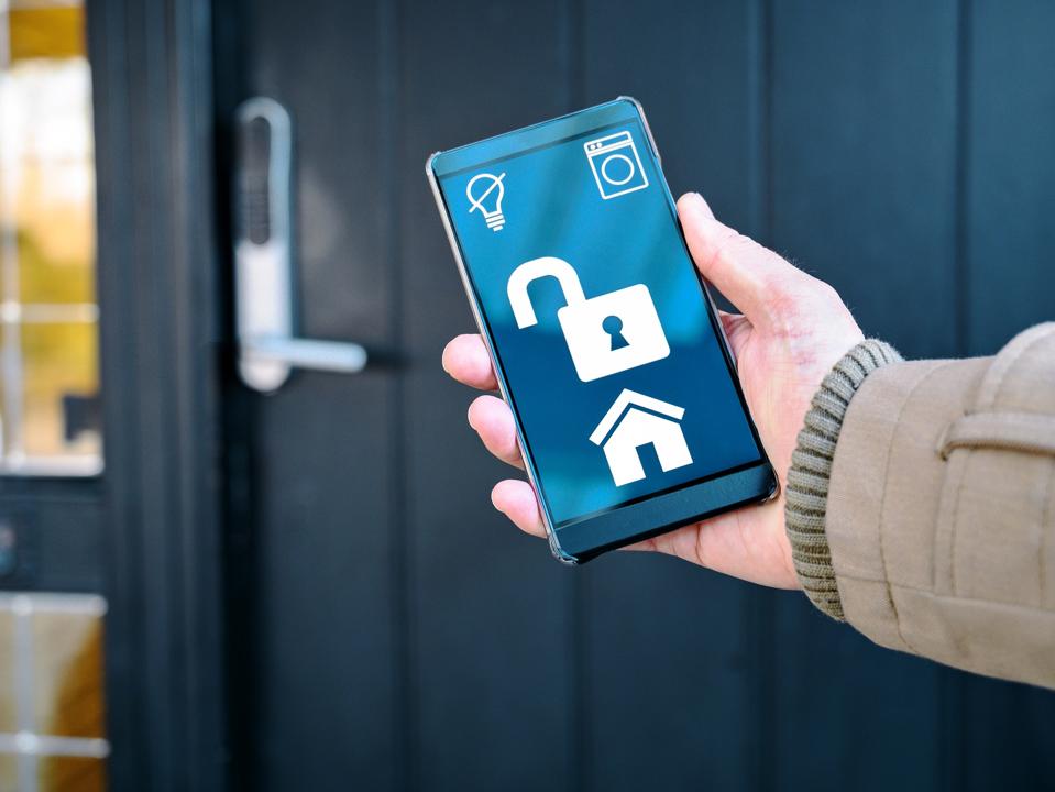 Smart home app on mobile phone opens door lock wirelessly
