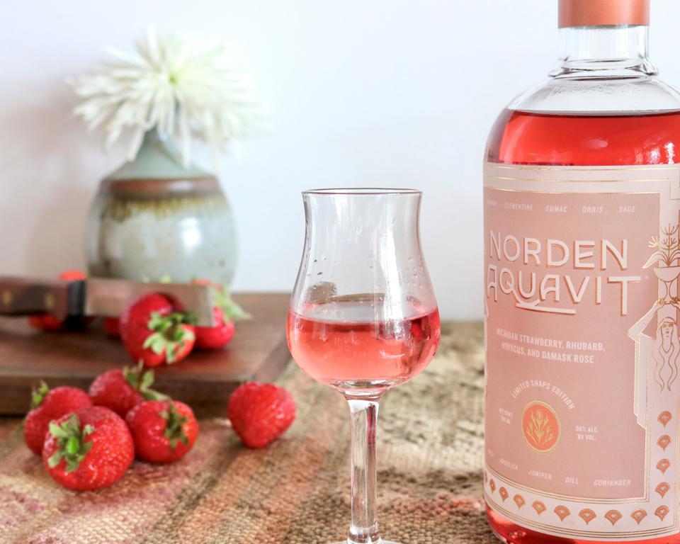Norden Limited Snaps Edition Aquavit bottle and cocktail glass