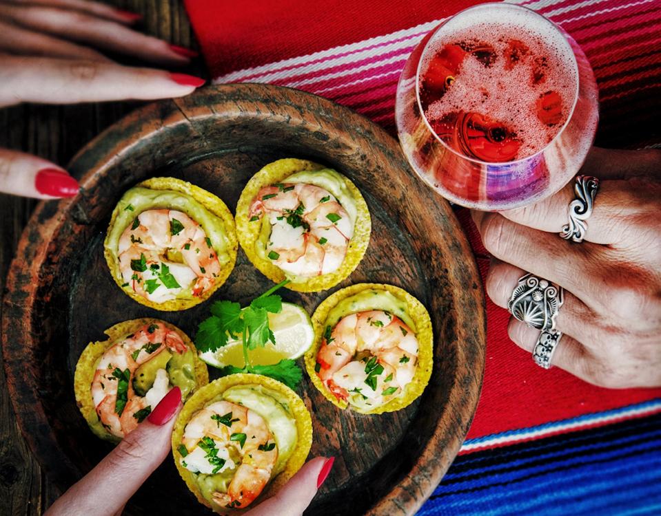 prawn tacos and rose Champagne