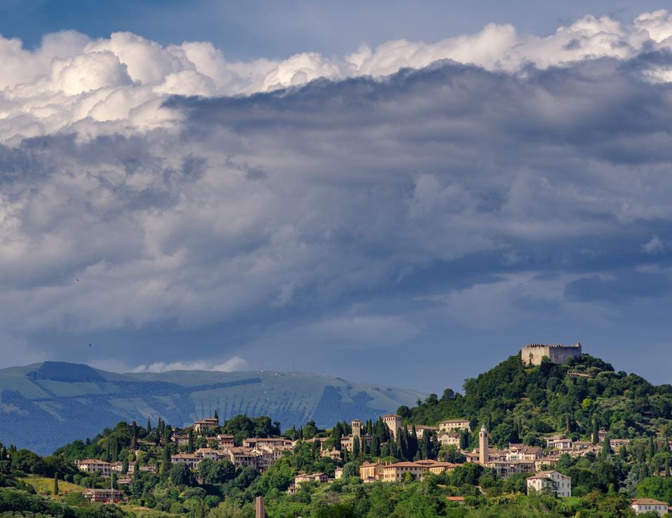 Asolo panorama skyline with historical city center and the ″Rocca″ at the top of the hill
