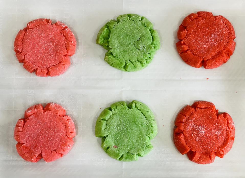 Straight from the oven, baked Polvorones, a.k.a. Mexican Sugar Cookies are photographed on a half-sheet pan by Elizabeth Karmel