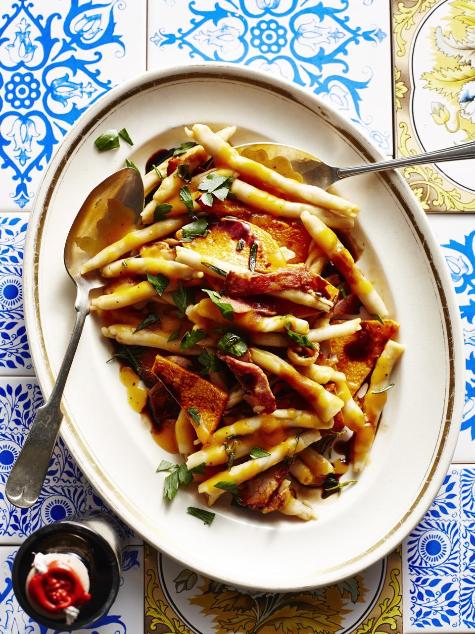 dish of Italian pumpkin and bacon strozzapetti