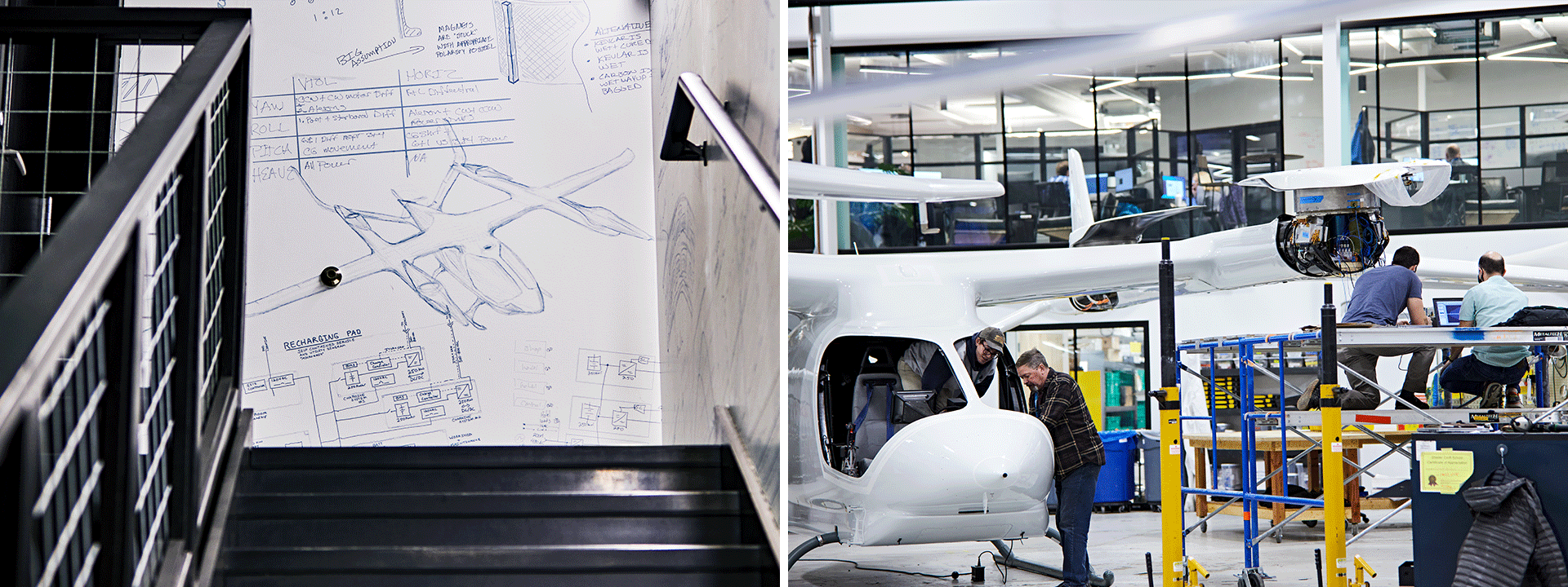 Copies of hand-written schematics decorate the hallways at Beta's headquarters (left). Engineers (right) work on one of two Alia prototypes currently in flight testing.