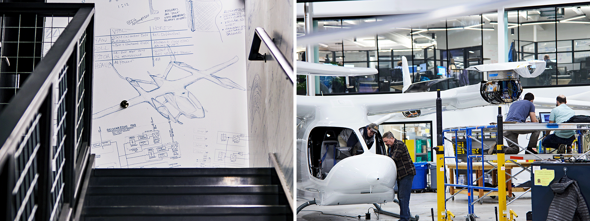 Copies of hand-written schematics decorate the hallways at Beta's headquarters (left). Engineers (right) work on one of two Alia prototypes currently in flight testing.  