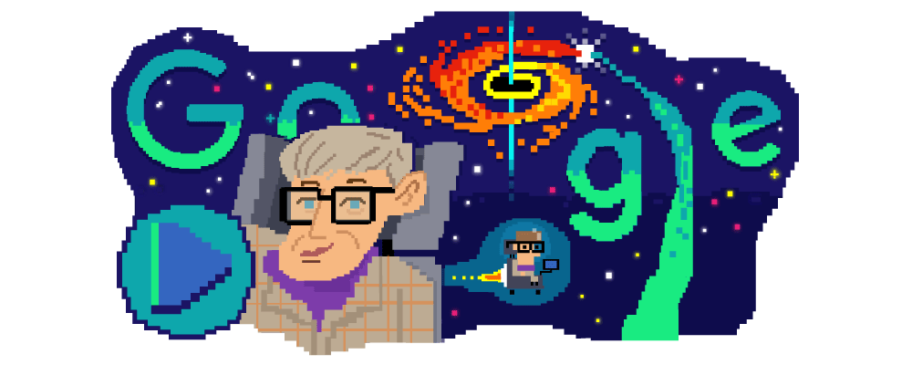 Cartoon image of Stephen Hawking, a black hole, and the word ″Google.″