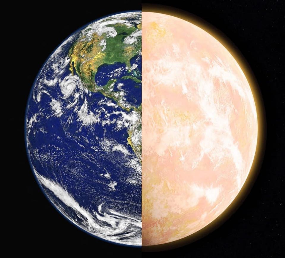 NASA depiction of primordial earth (right) compared to our modern day planet (left).