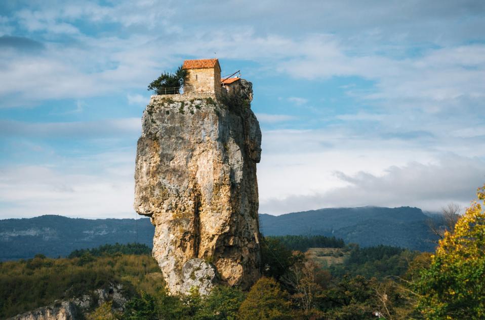 Katskhi pillar. Georgian landmarks. The church on a rocky cliff.