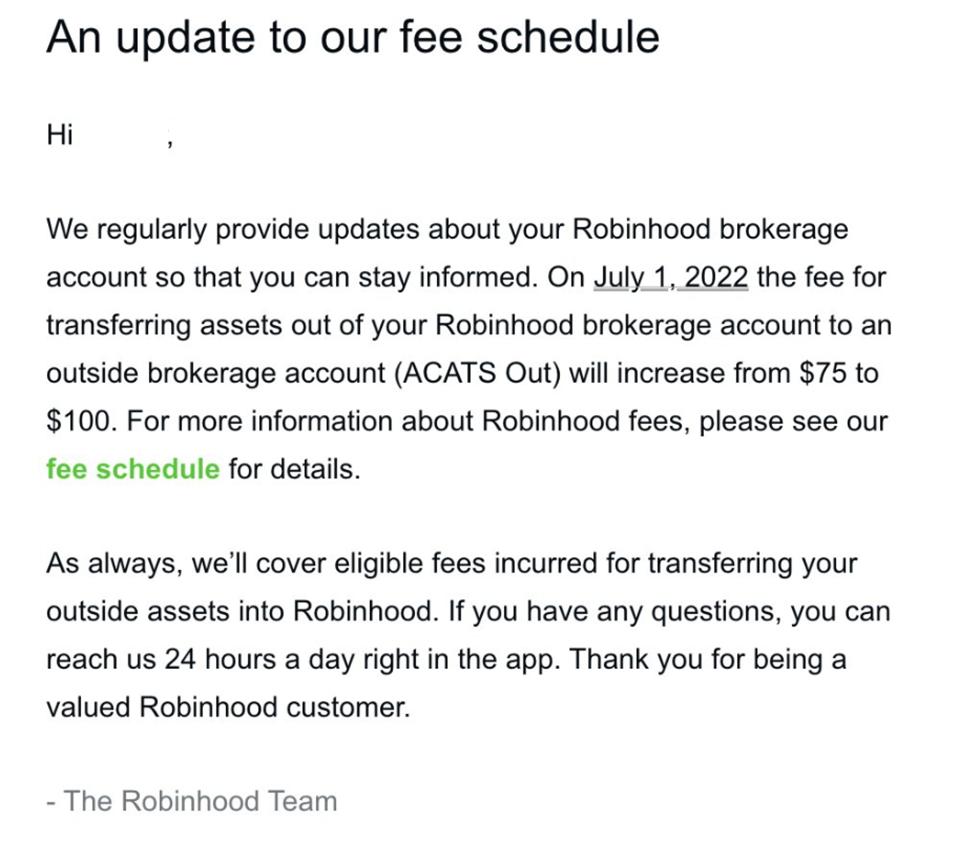 Robinhood Raises ACAT Fee By 33%; Fee Equates To 41% Of Median Balance
