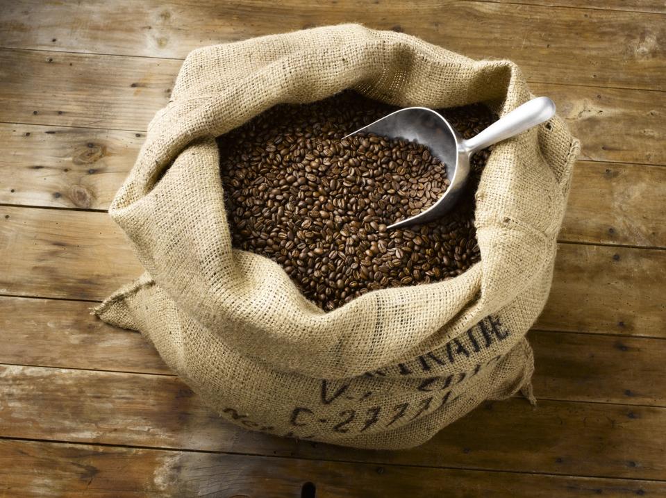 Roasted Coffee Beans in Burlap Bag