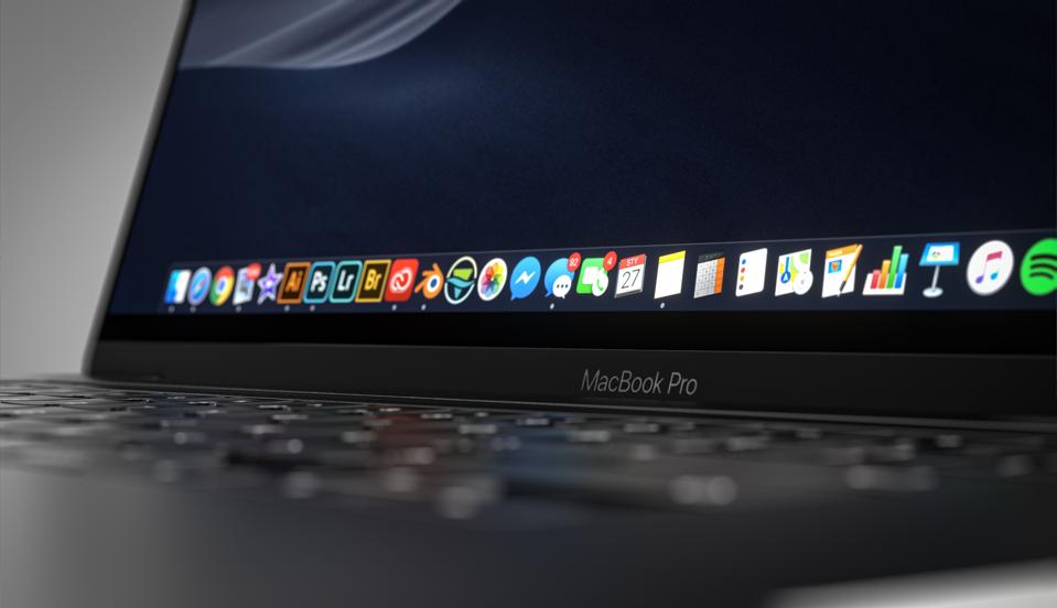 Macbook Pro de 16 pulgadas con barra táctil. Centrarse en el logotipo de MacBook Pro