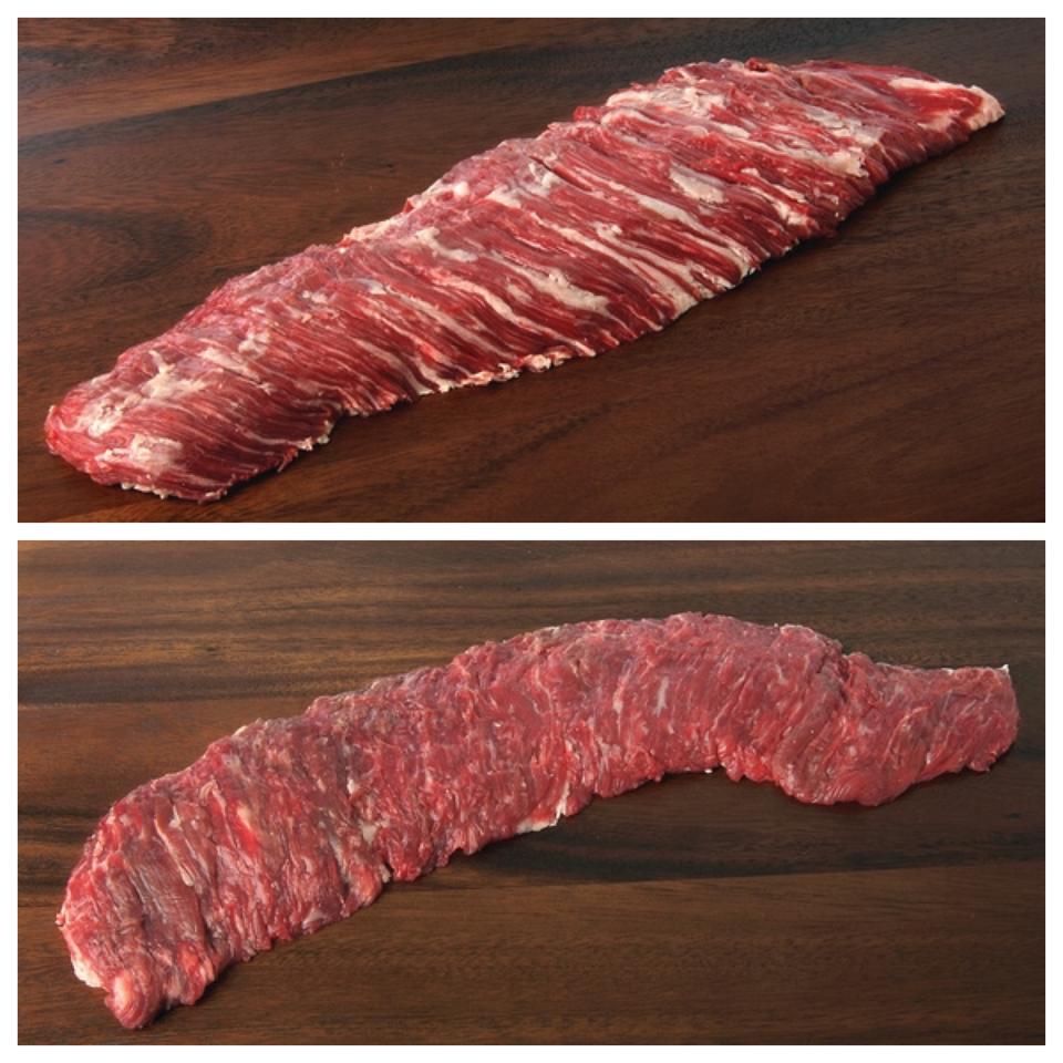 In these photographs from certified Angus Beef, you can see the visual differences between the Inside Skirt Steak in the top photo and the Outside Skirt Steak in the bottom photo. The Inside Skirt is larger and less uniform in size and the more desirable Outside Skirt is smaller and generally the same width.