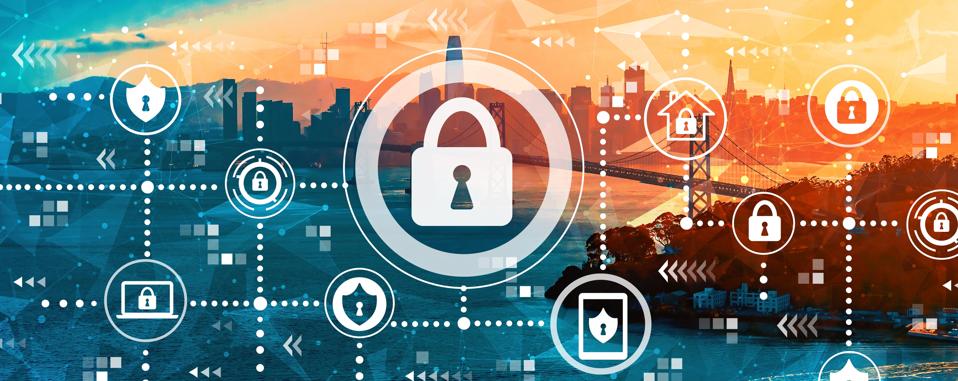 Cyber security theme with the Bay Bridge in San Francisco