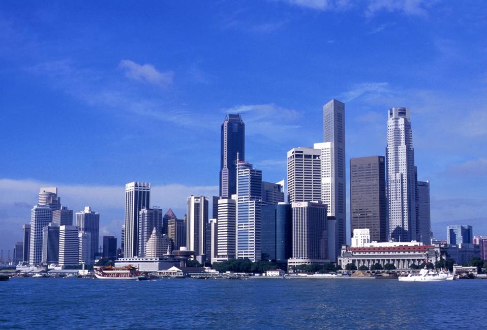 View of city skyline w. skyscrapers.