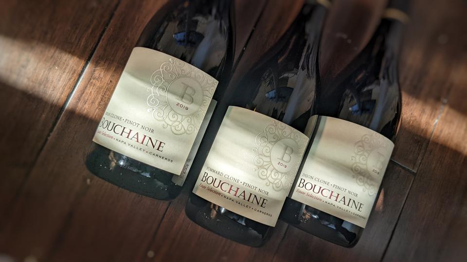 Lineup of Bouchaine Pinot Noir single clone wines