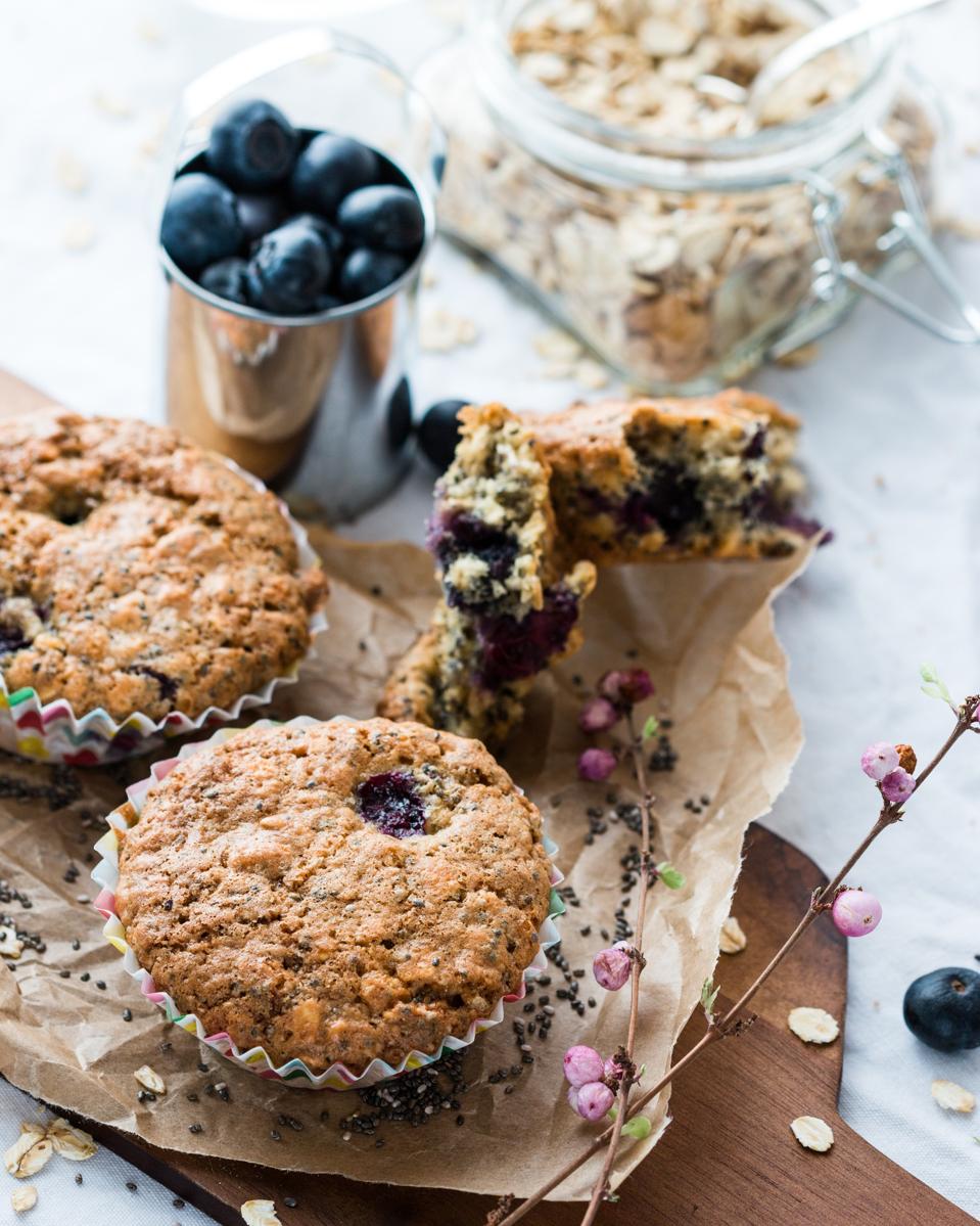 Fruit and oat muffins made from pancake mix, oats and fruit