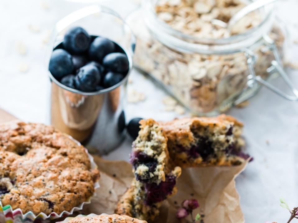 Fruit and oat muffins made from pancake mix, oats and fruit