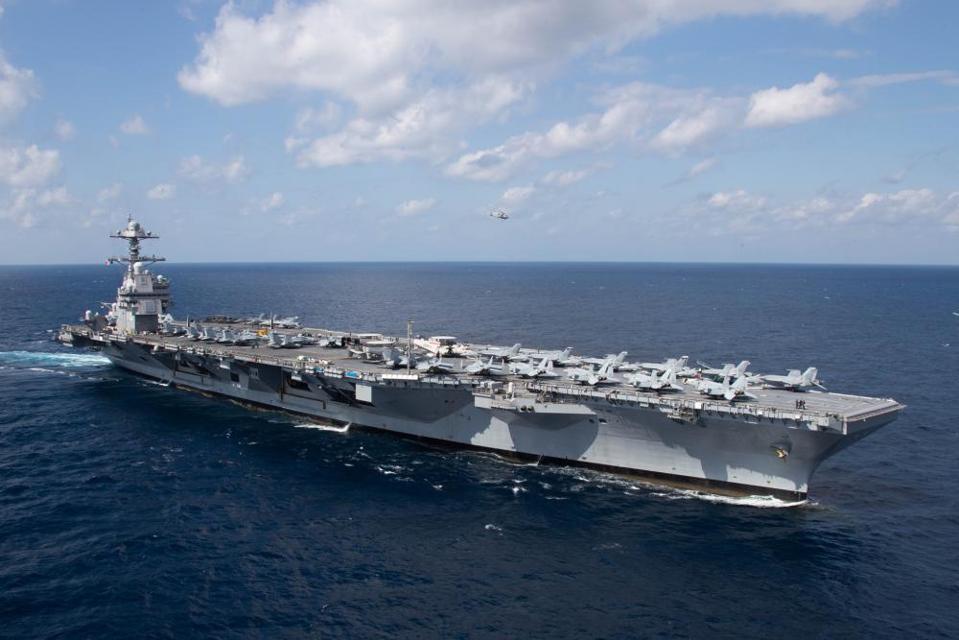 USS Ford simulates a strait transit during it's initial deployment.