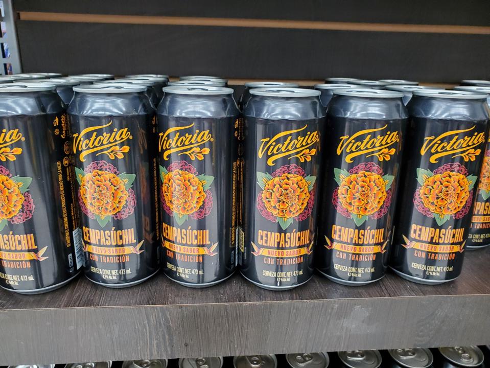 a row of Victoria Cempasuchil beer cans