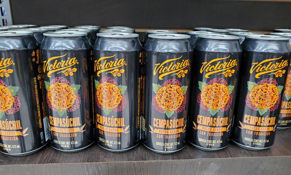 a row of Victoria Cempasuchil beer cans