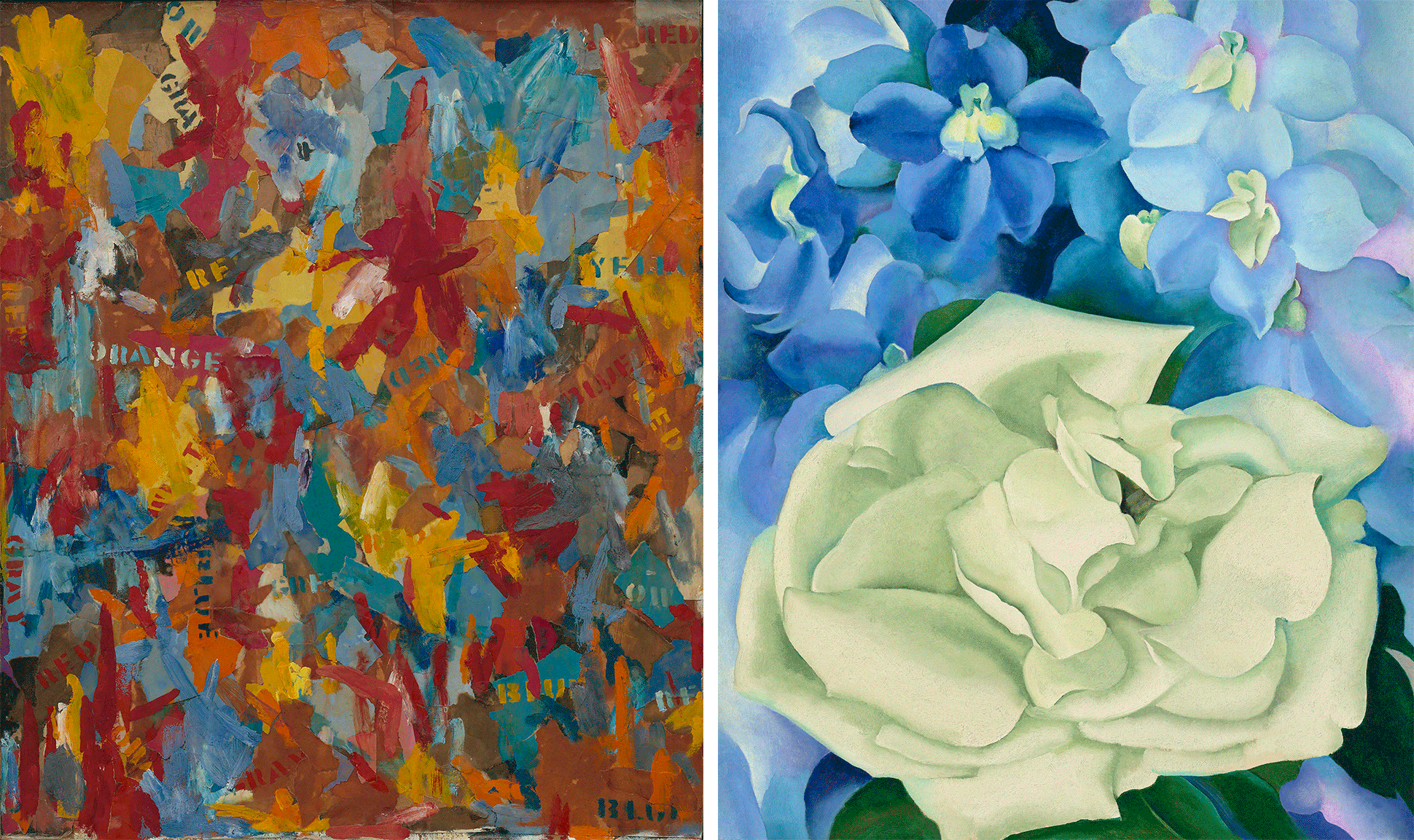 Jasper Johns, Small False Start; Georgia O'Keeffe's, White Rose with Larkspur No. 1.