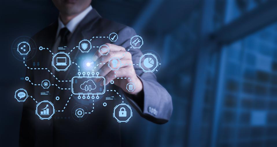 Businessman touching technology network connection for document and digital file storage.