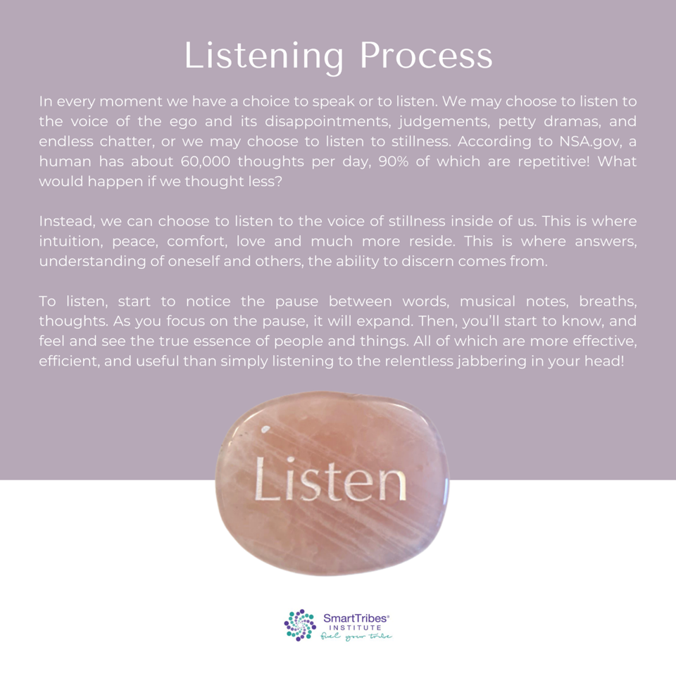 To listen, start to notice the pause between words, musical notes, breaths, thoughts.