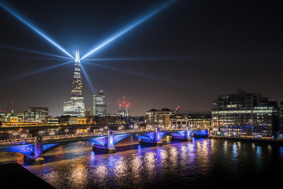 View of Southwark bridge and the Shard at night