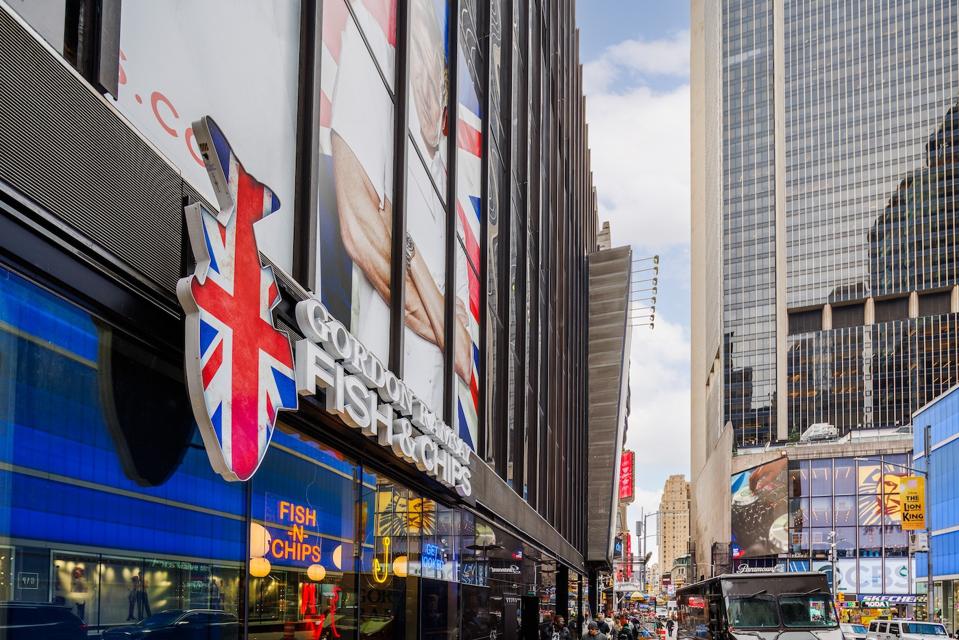 Outside Gordan Ramsay Fish & Chips in Times Square