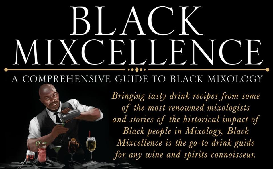Illustration of a Black man in a vest and tie pouring from a shaker into a martini glass, plus the title and description of the book