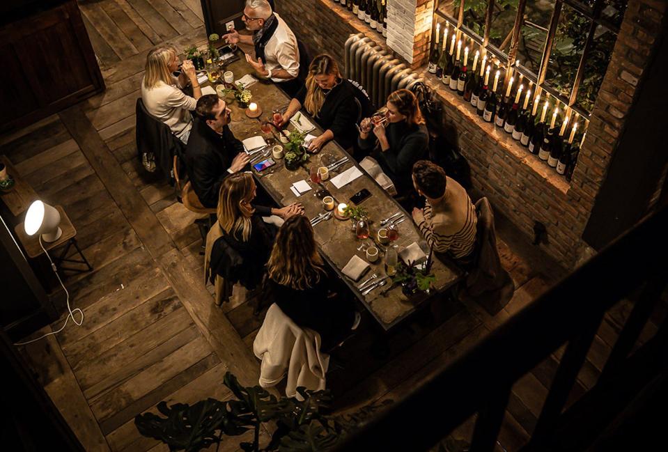 looking down at diners