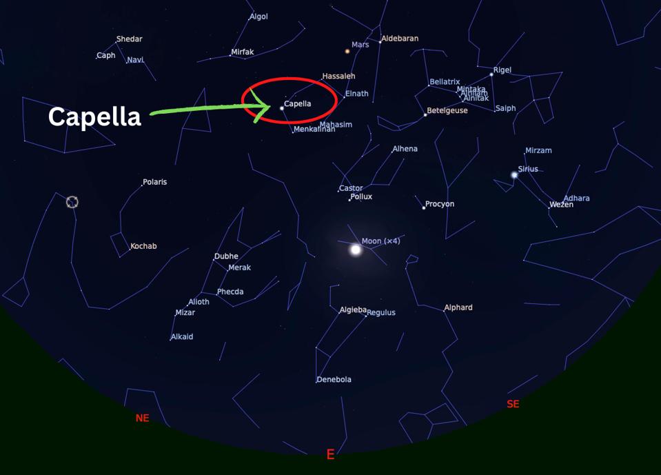 How to see find comet C/2022 E3 (ZTF) next to bright star Capella on Sunday, February 5, 2023.
