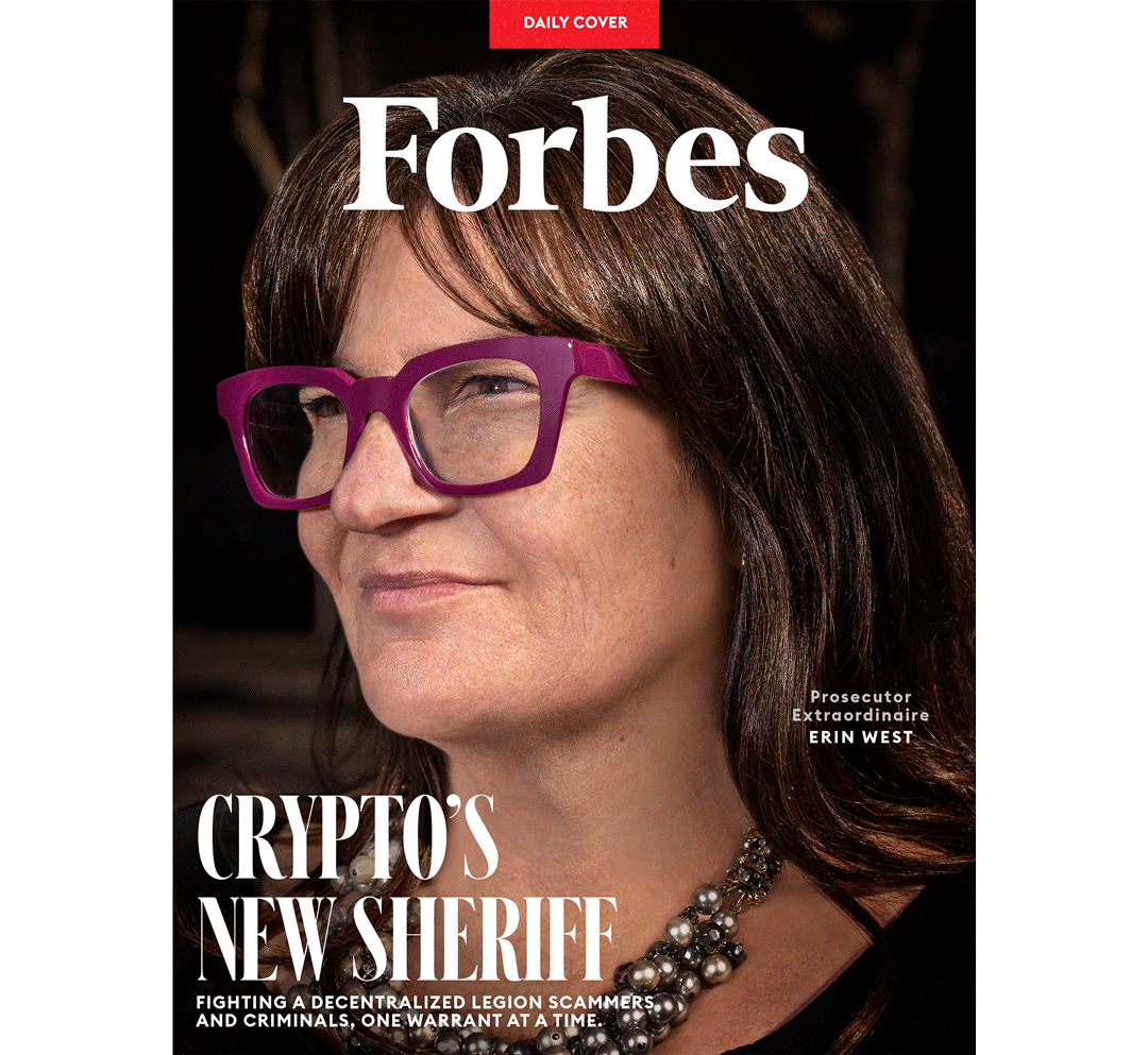 Forbes’ cover with Erin West. Headline reads “Crypto’s New Sheriff”