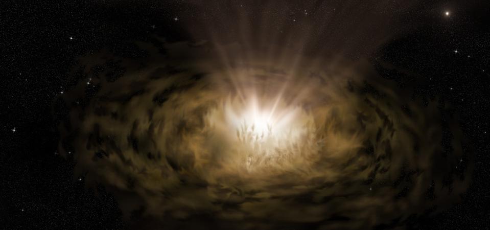 An artist’s impression of what the dust around an active galactic nucleus might look like seen from a light year away.