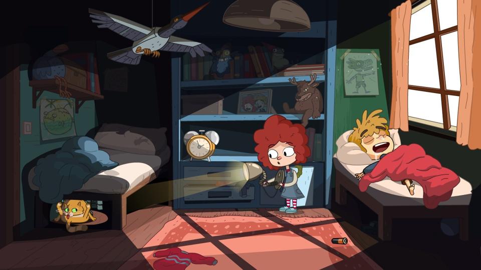 Gameplay where sister works out how to wake her brother up.