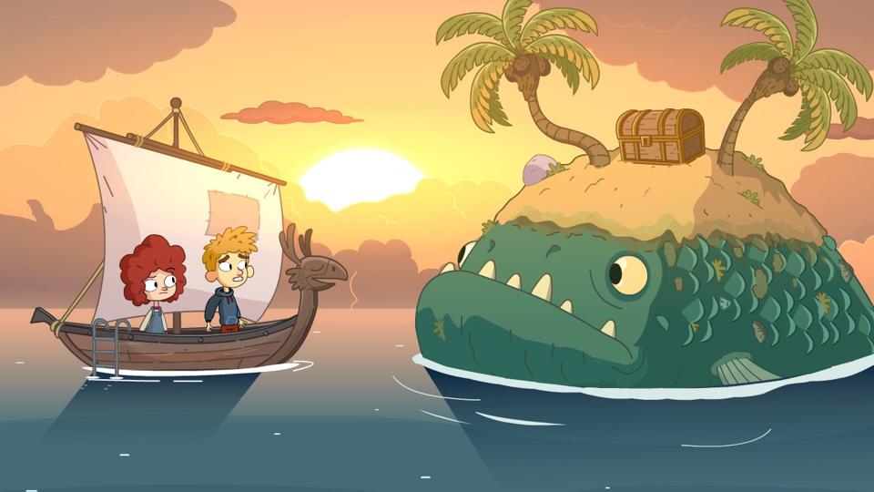Gameplay image of brother and sister in a boat encountering a large fish.