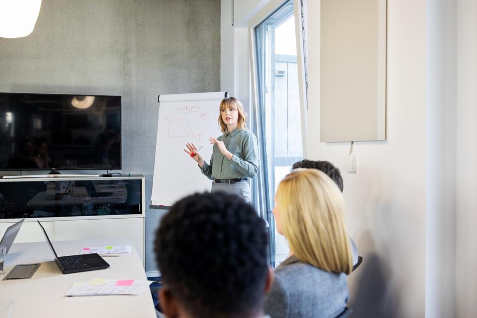 Businesswoman giving presentation to colleagues