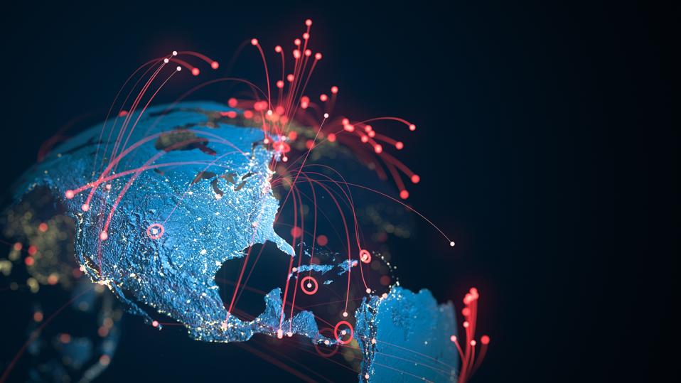 Un globo con líneas digitales que representan pagos globales.