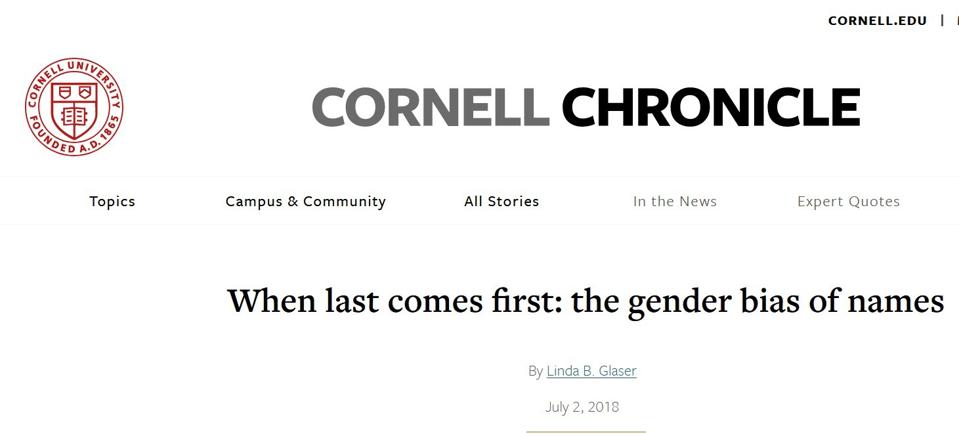 Screenshot - Cornell Study on gender bias in use of names - 2018