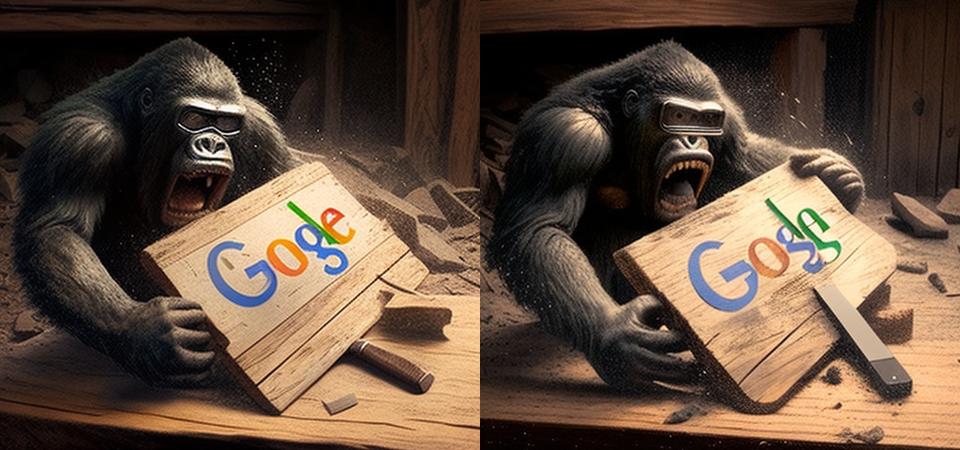 Gorila sosteniendo un logo de google roto
