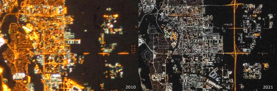 Las fotografías de astronautas de partes de Calgary (Canadá) muestran ejemplos de cómo cambió la iluminación entre 2010 y 2021: se instaló nueva iluminación y muchas farolas se convirtieron de sodio naranja de alta presión a LED blanco. (Nota: las fotos no se tomaron con la misma configuración y tienen una resolución espacial diferente. Por lo tanto, la foto de 2010 parece algo más brillante.