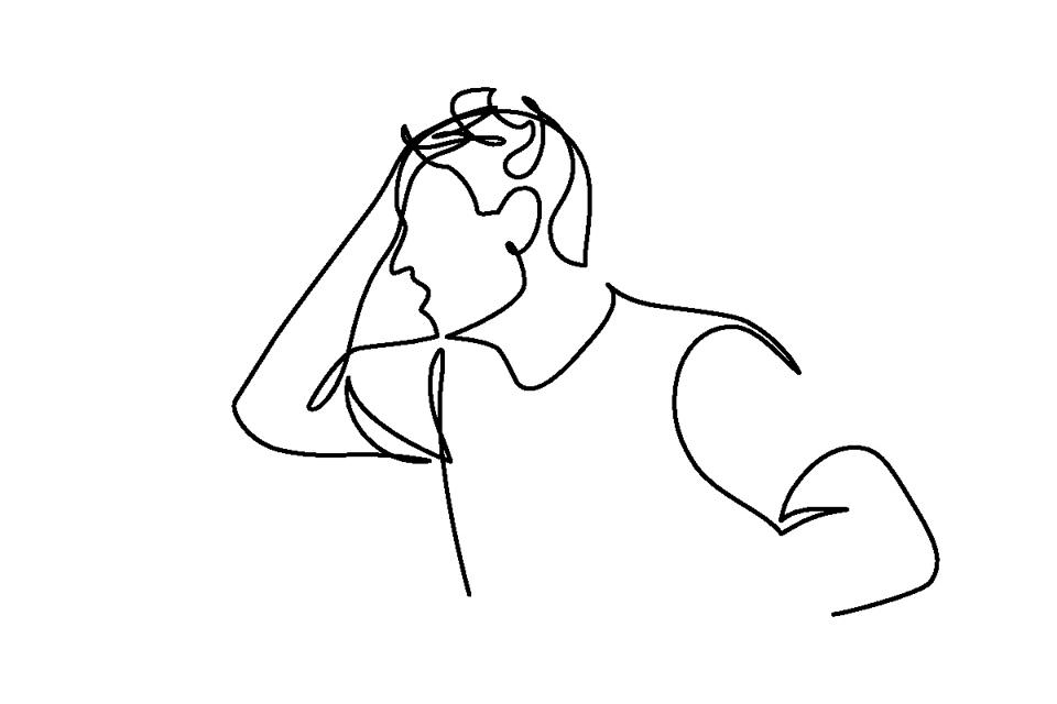 Arte lineal de un hombre cogido de la mano, expresando frustración