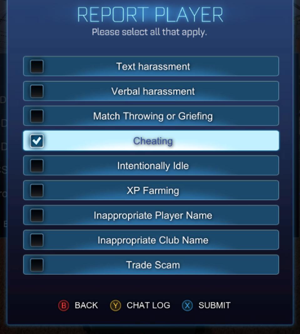 A screenshot showing Rocket League's new Report option